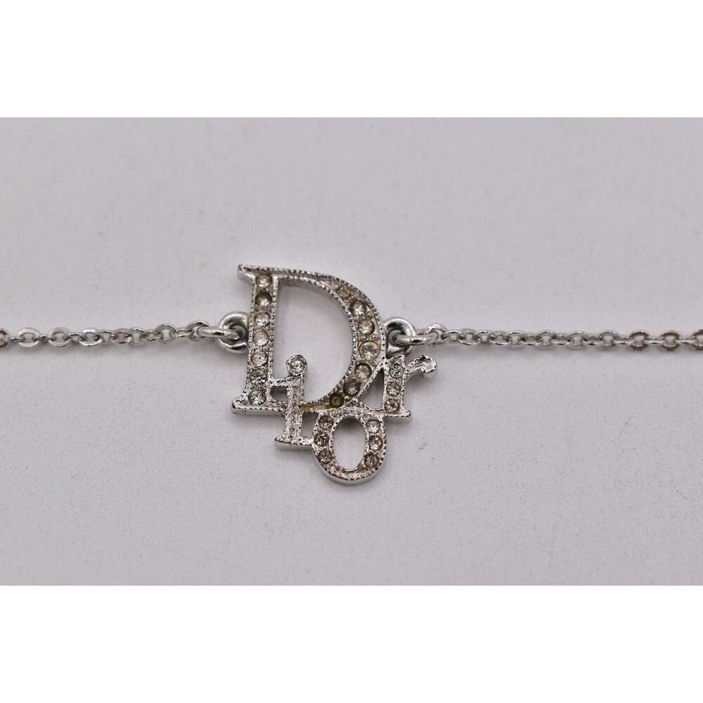 Christian Dior Vintage Crystal Logo Bracelet Script Charm Silver Signed BinAD - Picture 2 of 12